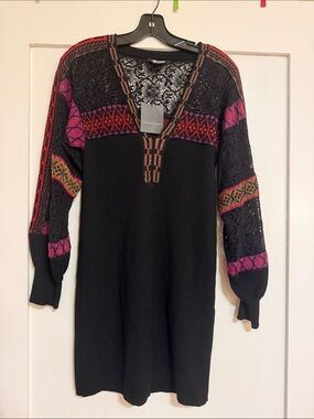 Nanette Lepore Expressive Black Knit Dress with Pink & Red Pattern